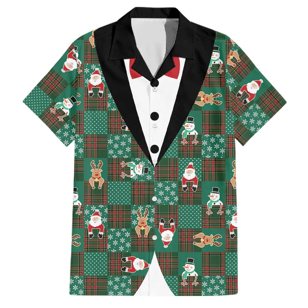 Christmas Patchwork Fake Tuxedo Family Matching Off Shoulder Short Dress and Hawaiian Shirt Santa and Reindeer Green Plaid Style - Wonder Print Shop