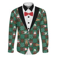 Christmas Patchwork Fake Tuxedo Family Matching Off Shoulder Short Dress and Hawaiian Shirt Santa and Reindeer Green Plaid Style - Wonder Print Shop