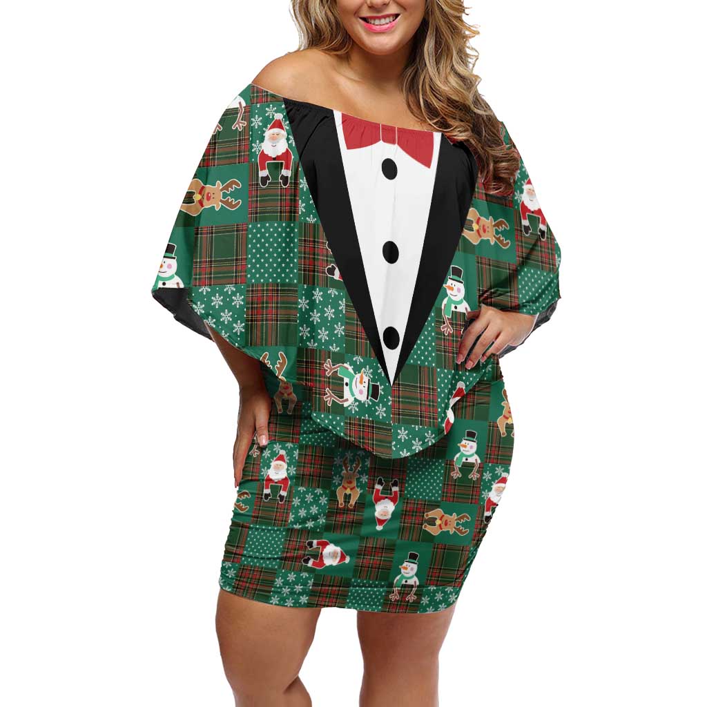 Christmas Patchwork Fake Tuxedo Family Matching Off Shoulder Short Dress and Hawaiian Shirt Santa and Reindeer Green Plaid Style - Wonder Print Shop