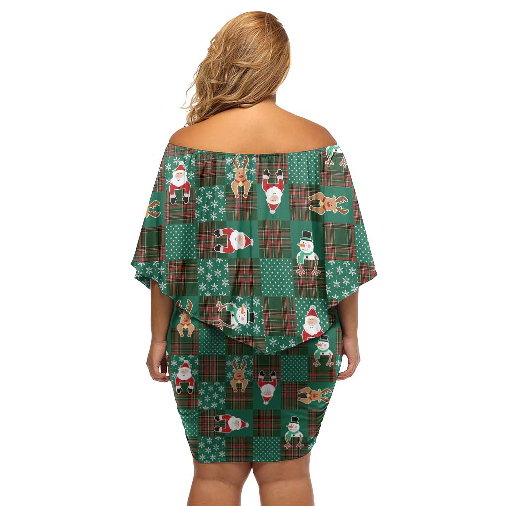 Christmas Patchwork Fake Tuxedo Family Matching Off Shoulder Short Dress and Hawaiian Shirt Santa and Reindeer Green Plaid Style - Wonder Print Shop