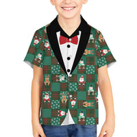 Christmas Patchwork Fake Tuxedo Family Matching Off Shoulder Short Dress and Hawaiian Shirt Santa and Reindeer Green Plaid Style - Wonder Print Shop