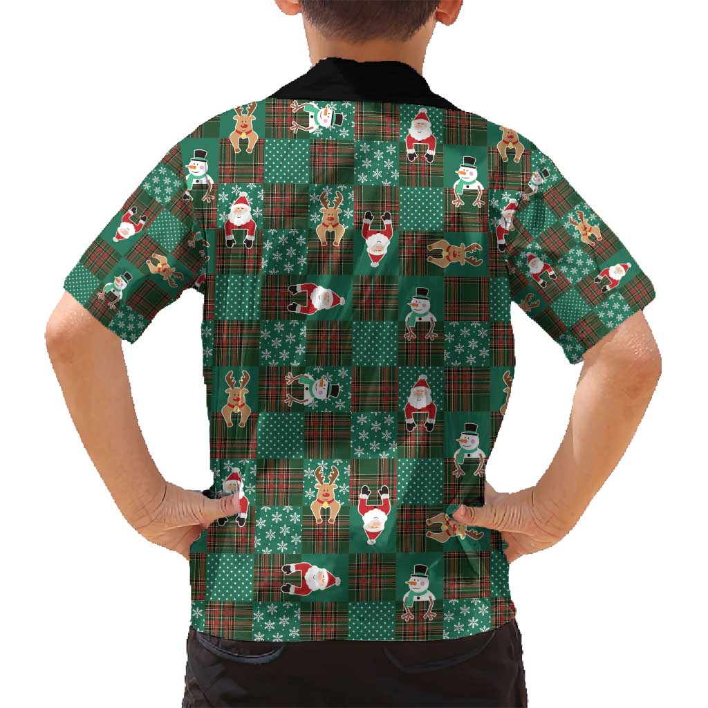 Christmas Patchwork Fake Tuxedo Family Matching Puletasi and Hawaiian Shirt Santa and Reindeer Green Plaid Style - Wonder Print Shop
