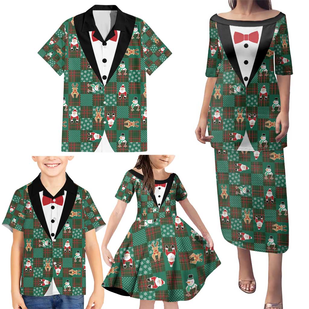 Christmas Patchwork Fake Tuxedo Family Matching Puletasi and Hawaiian Shirt Santa and Reindeer Green Plaid Style - Wonder Print Shop