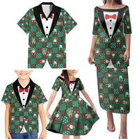 Christmas Patchwork Fake Tuxedo Family Matching Puletasi and Hawaiian Shirt Santa and Reindeer Green Plaid Style - Wonder Print Shop