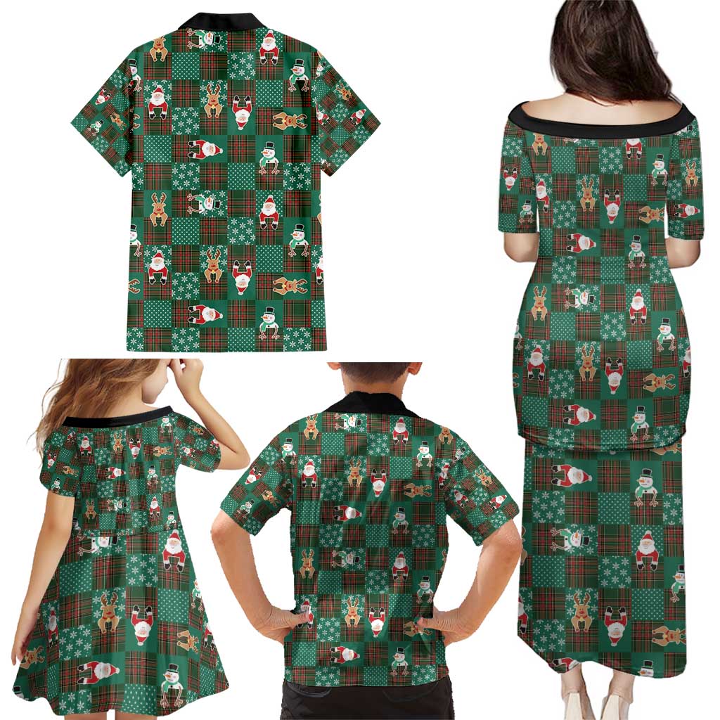 Christmas Patchwork Fake Tuxedo Family Matching Puletasi and Hawaiian Shirt Santa and Reindeer Green Plaid Style - Wonder Print Shop