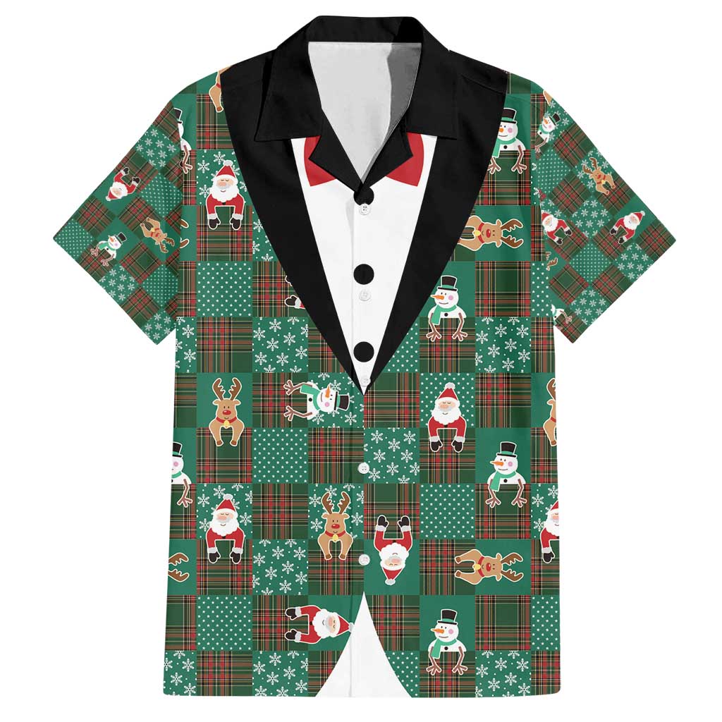 Christmas Patchwork Fake Tuxedo Family Matching Puletasi and Hawaiian Shirt Santa and Reindeer Green Plaid Style - Wonder Print Shop