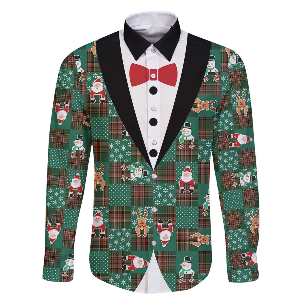 Christmas Patchwork Fake Tuxedo Family Matching Puletasi and Hawaiian Shirt Santa and Reindeer Green Plaid Style - Wonder Print Shop