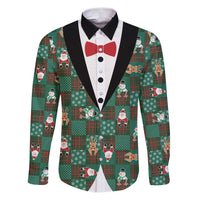 Christmas Patchwork Fake Tuxedo Family Matching Puletasi and Hawaiian Shirt Santa and Reindeer Green Plaid Style - Wonder Print Shop