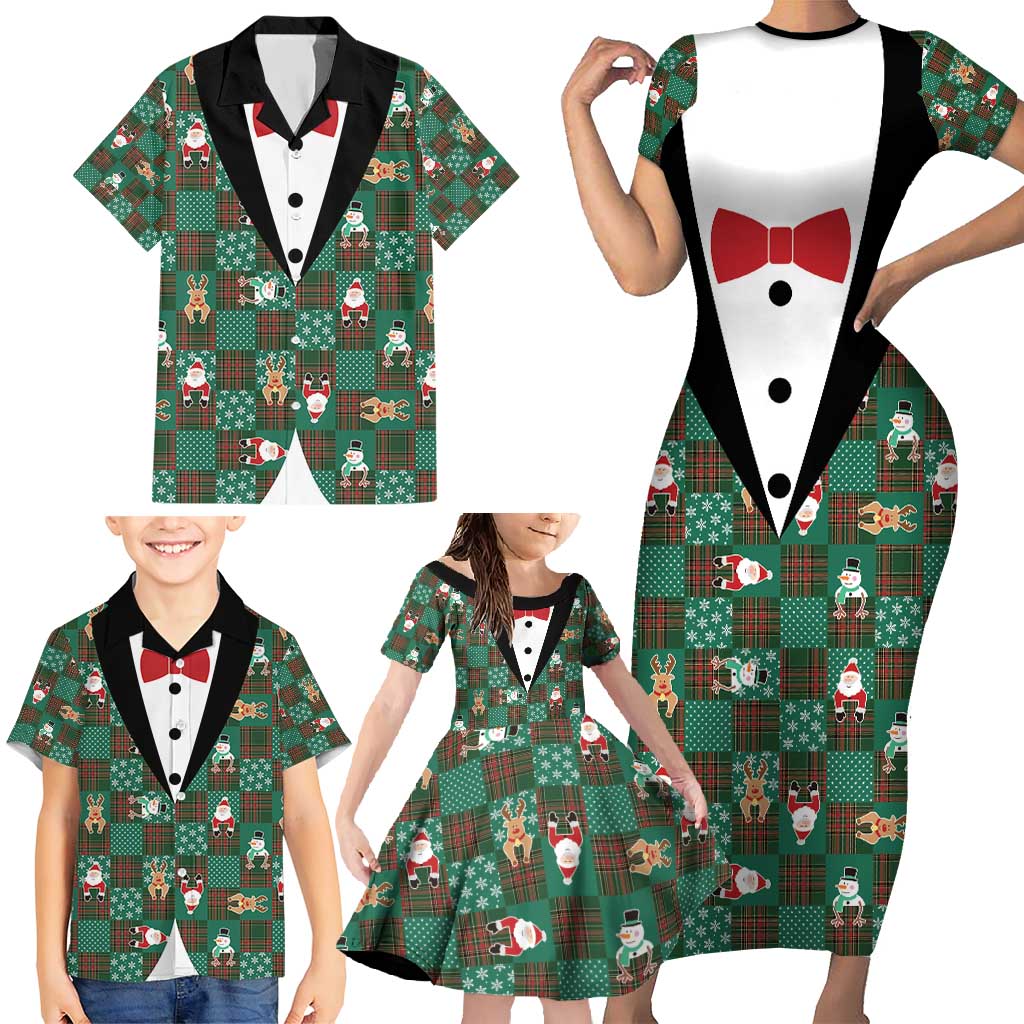 Christmas Patchwork Fake Tuxedo Family Matching Short Sleeve Bodycon Dress and Hawaiian Shirt Santa and Reindeer Green Plaid Style - Wonder Print Shop
