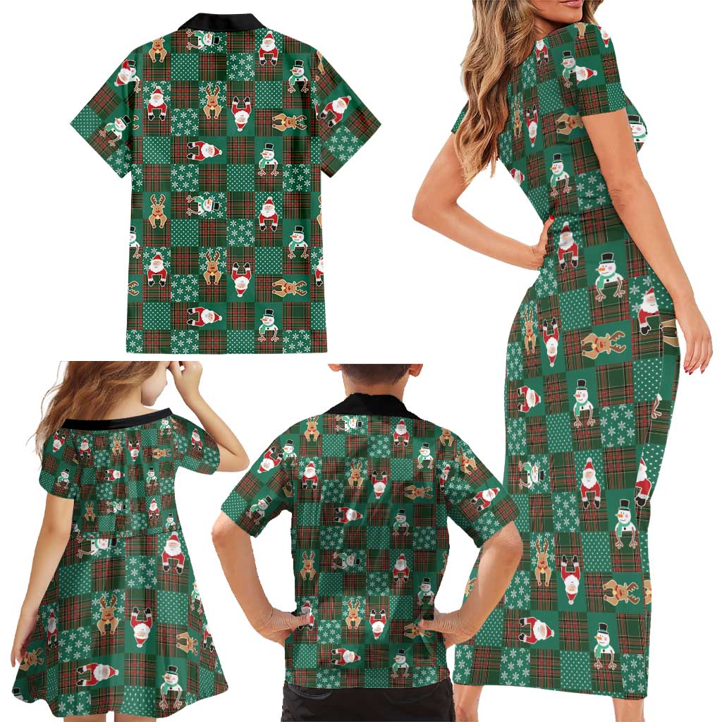 Christmas Patchwork Fake Tuxedo Family Matching Short Sleeve Bodycon Dress and Hawaiian Shirt Santa and Reindeer Green Plaid Style - Wonder Print Shop