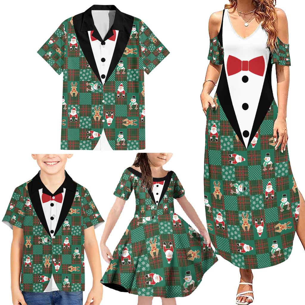 Christmas Patchwork Fake Tuxedo Family Matching Summer Maxi Dress and Hawaiian Shirt Santa and Reindeer Green Plaid Style - Wonder Print Shop