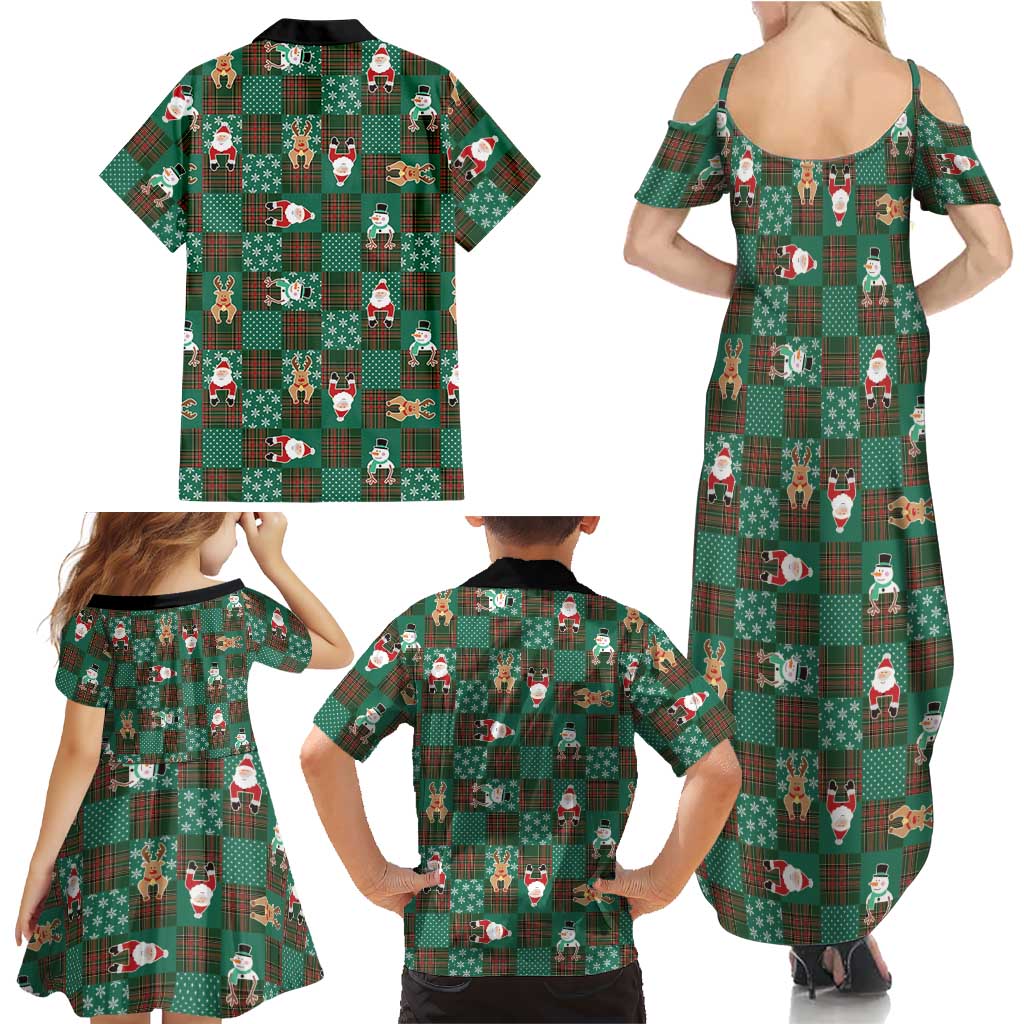 Christmas Patchwork Fake Tuxedo Family Matching Summer Maxi Dress and Hawaiian Shirt Santa and Reindeer Green Plaid Style - Wonder Print Shop