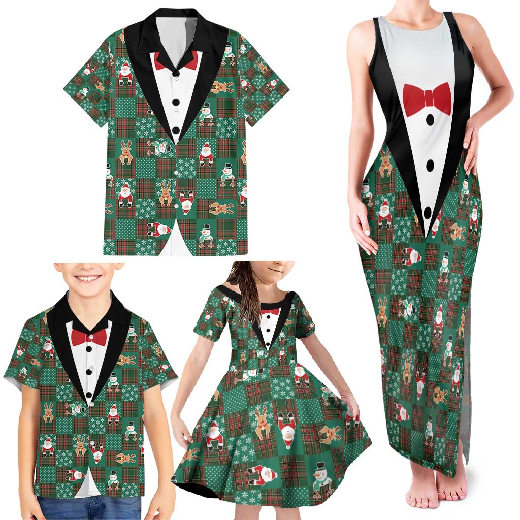 Christmas Patchwork Fake Tuxedo Family Matching Tank Maxi Dress and Hawaiian Shirt Santa and Reindeer Green Plaid Style - Wonder Print Shop