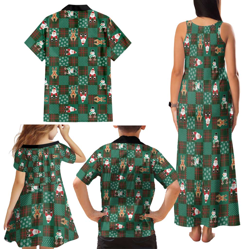 Christmas Patchwork Fake Tuxedo Family Matching Tank Maxi Dress and Hawaiian Shirt Santa and Reindeer Green Plaid Style - Wonder Print Shop