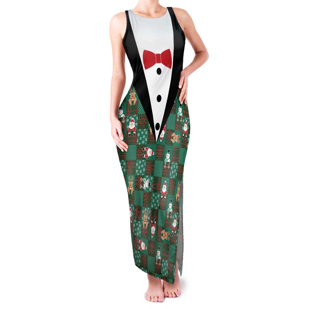 Christmas Patchwork Fake Tuxedo Family Matching Tank Maxi Dress and Hawaiian Shirt Santa and Reindeer Green Plaid Style - Wonder Print Shop