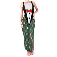 Christmas Patchwork Fake Tuxedo Family Matching Tank Maxi Dress and Hawaiian Shirt Santa and Reindeer Green Plaid Style - Wonder Print Shop