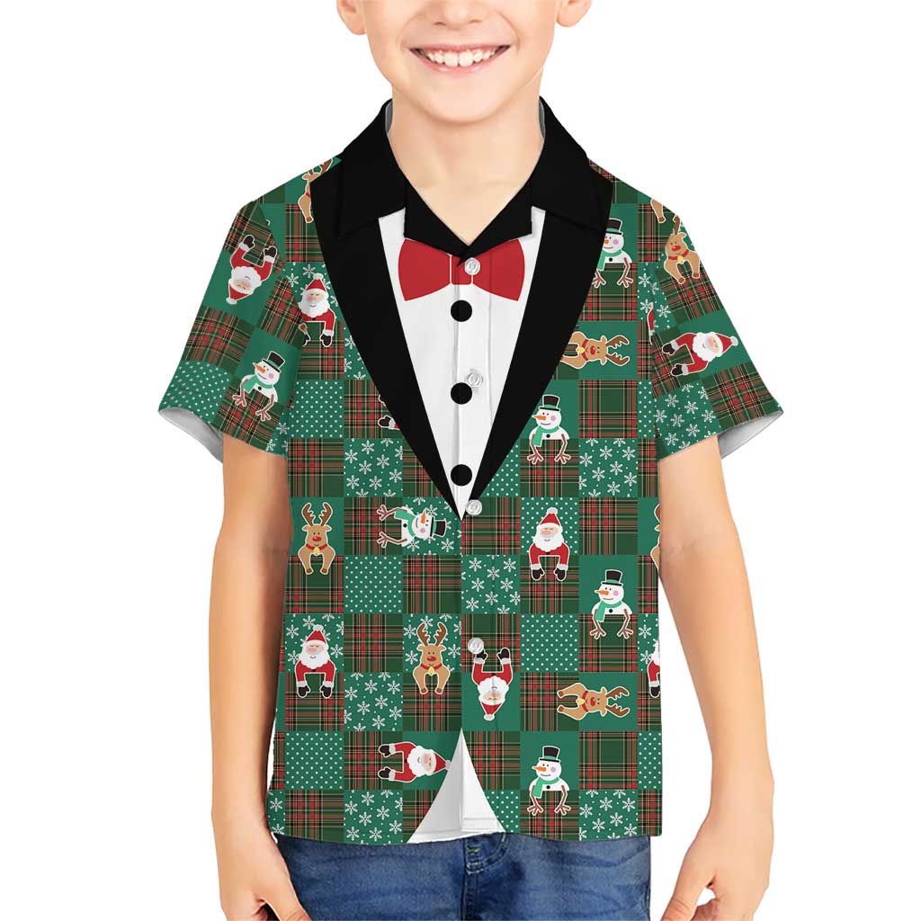 Christmas Patchwork Fake Tuxedo Family Matching Tank Maxi Dress and Hawaiian Shirt Santa and Reindeer Green Plaid Style - Wonder Print Shop