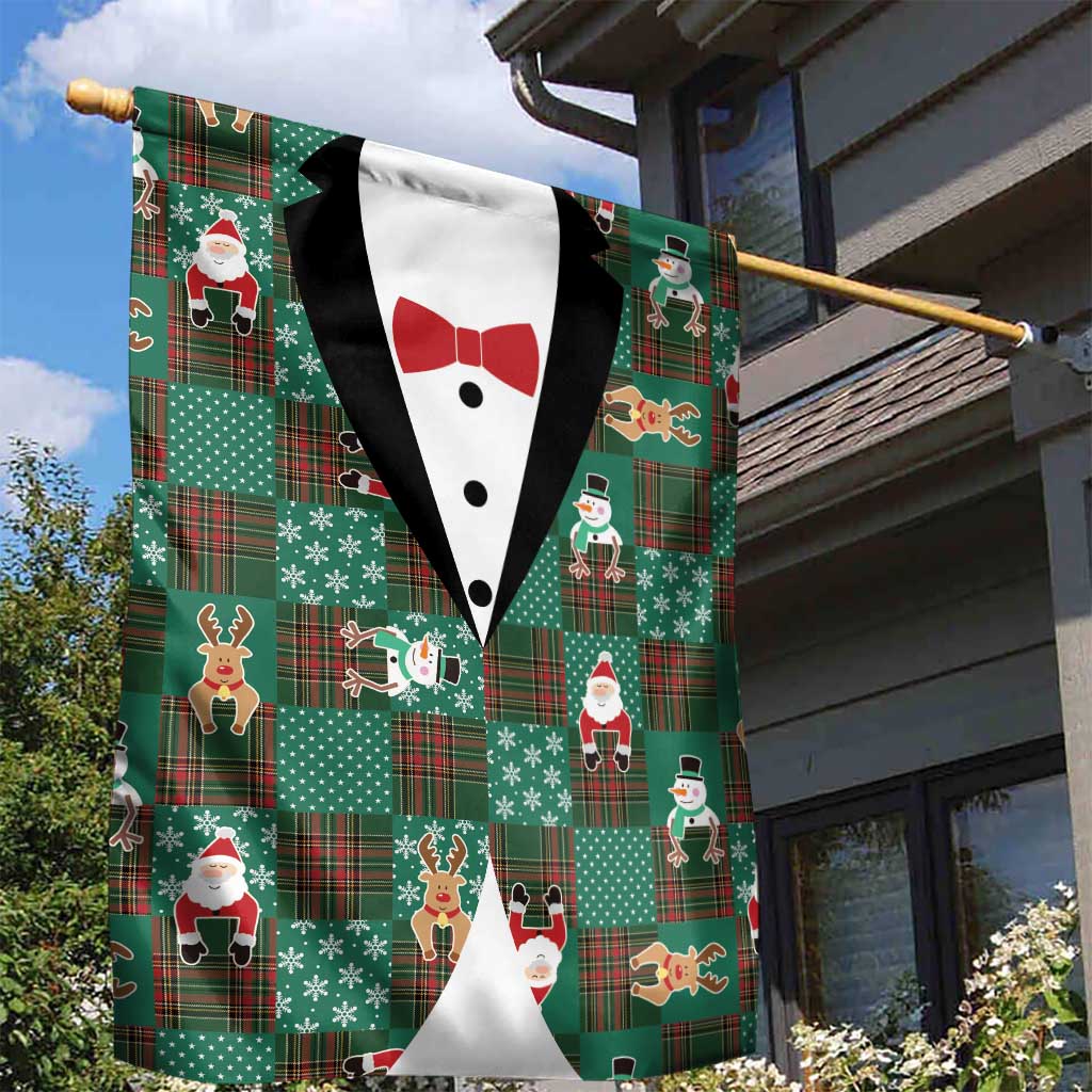 Christmas Patchwork Fake Tuxedo Garden Flag Santa and Reindeer Green Plaid Style - Wonder Print Shop