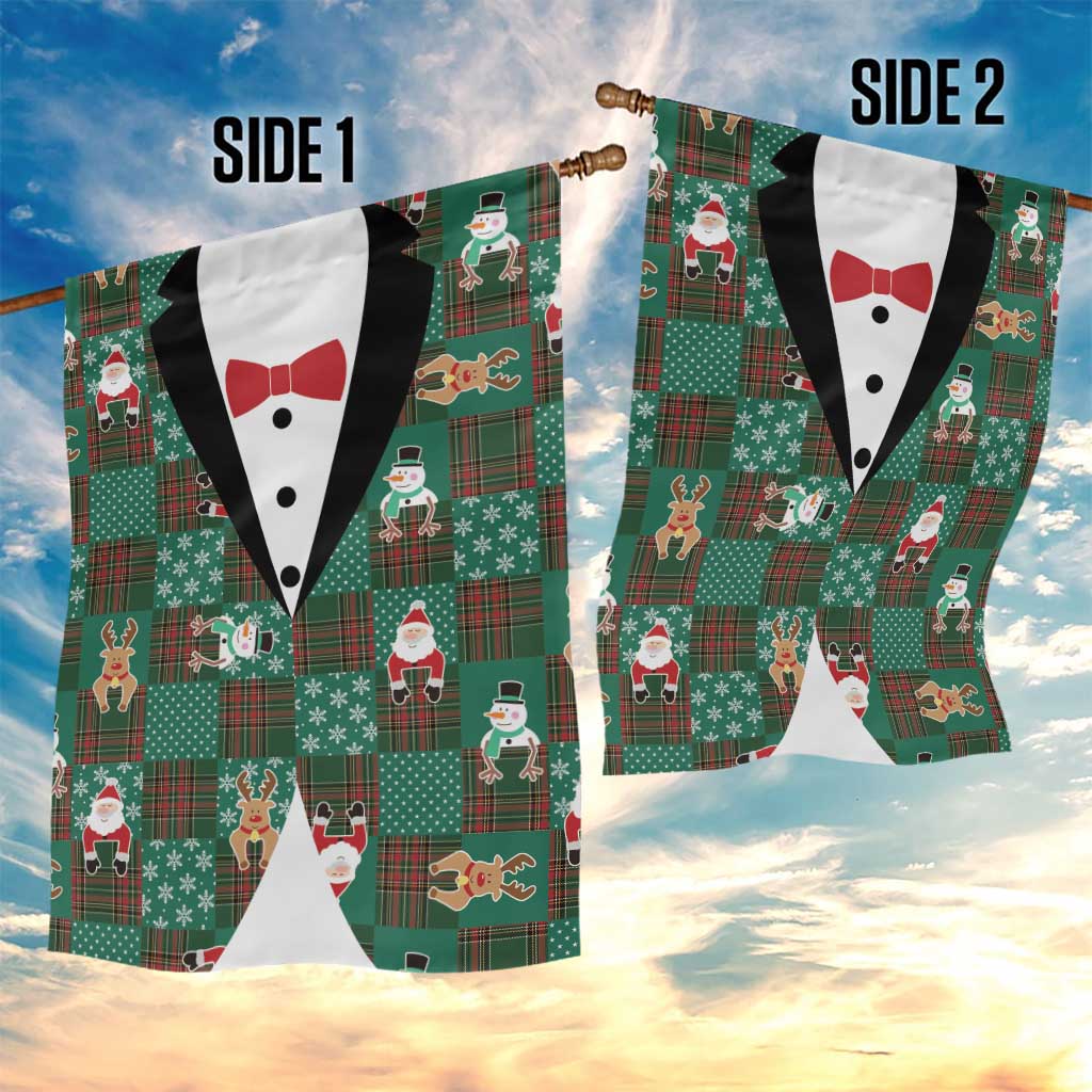Christmas Patchwork Fake Tuxedo Garden Flag Santa and Reindeer Green Plaid Style - Wonder Print Shop