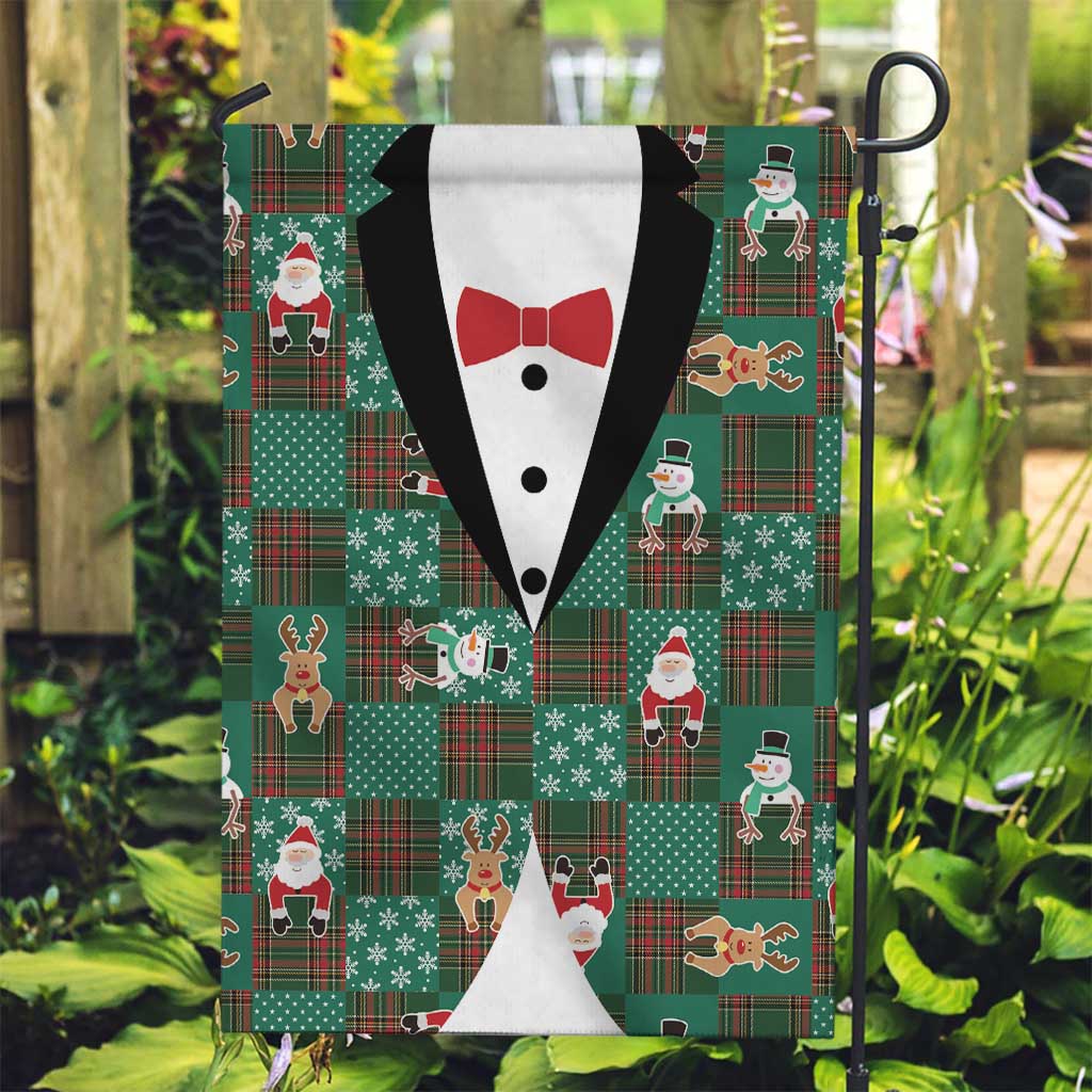 Christmas Patchwork Fake Tuxedo Garden Flag Santa and Reindeer Green Plaid Style - Wonder Print Shop