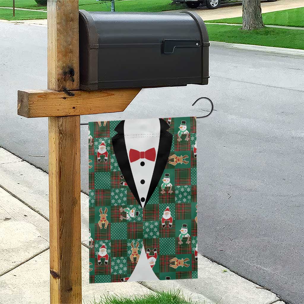 Christmas Patchwork Fake Tuxedo Garden Flag Santa and Reindeer Green Plaid Style - Wonder Print Shop