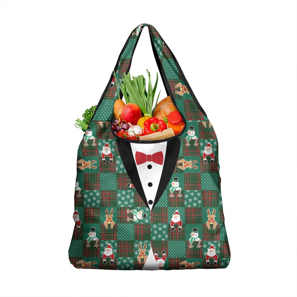 Christmas Patchwork Fake Tuxedo Grocery Bag Santa and Reindeer Green Plaid Style - Wonder Print Shop