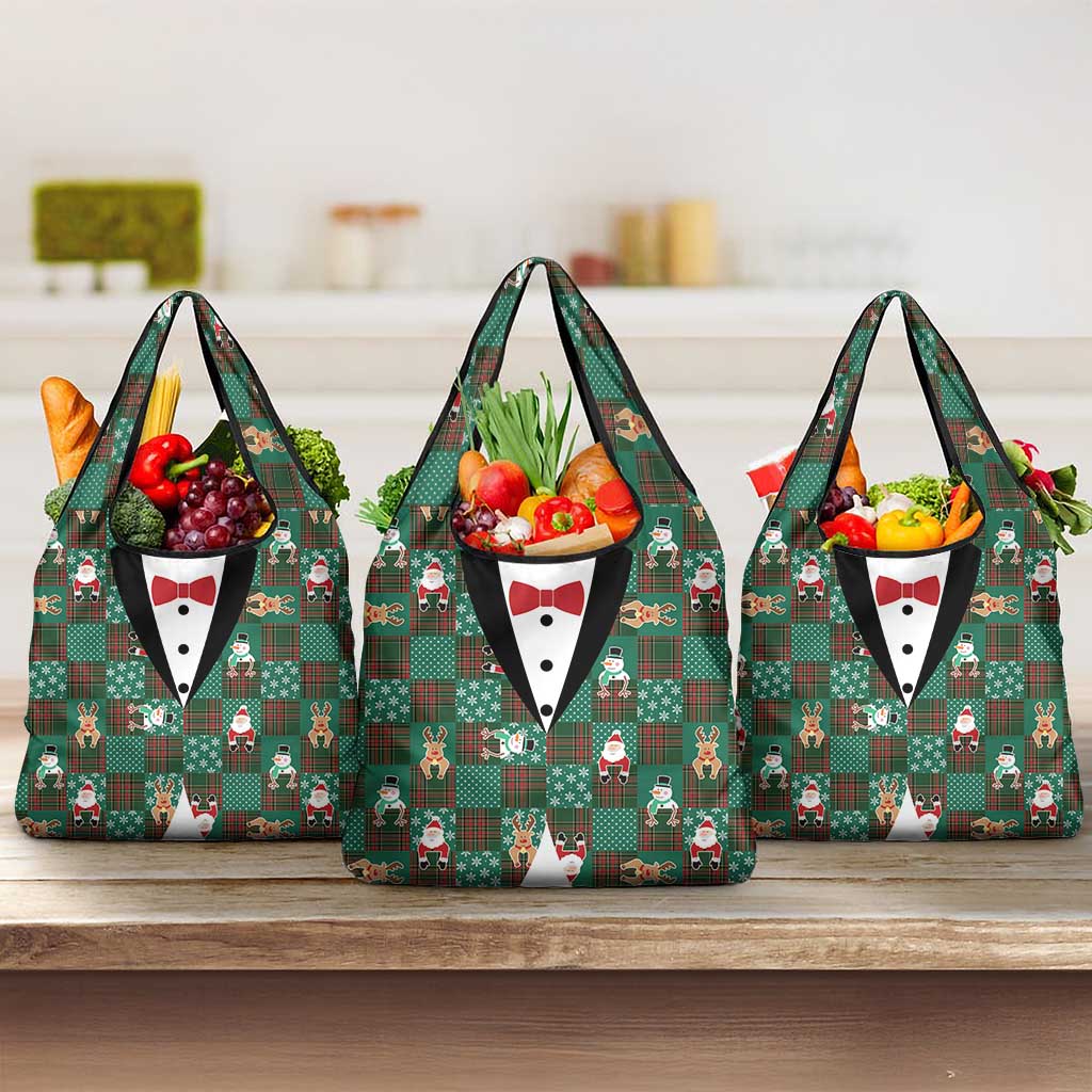 Christmas Patchwork Fake Tuxedo Grocery Bag Santa and Reindeer Green Plaid Style - Wonder Print Shop
