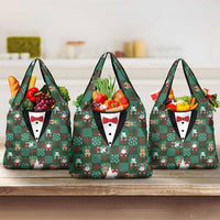 Christmas Patchwork Fake Tuxedo Grocery Bag Santa and Reindeer Green Plaid Style - Wonder Print Shop