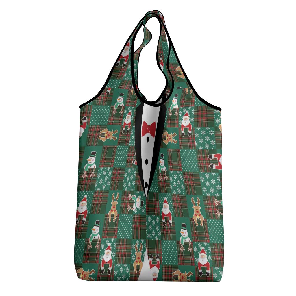Christmas Patchwork Fake Tuxedo Grocery Bag Santa and Reindeer Green Plaid Style - Wonder Print Shop