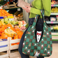 Christmas Patchwork Fake Tuxedo Grocery Bag Santa and Reindeer Green Plaid Style - Wonder Print Shop
