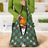 Christmas Patchwork Fake Tuxedo Grocery Bag Santa and Reindeer Green Plaid Style - Wonder Print Shop