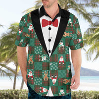 Christmas Patchwork Fake Tuxedo Hawaiian Shirt Santa and Reindeer Green Plaid Style - Wonder Print Shop