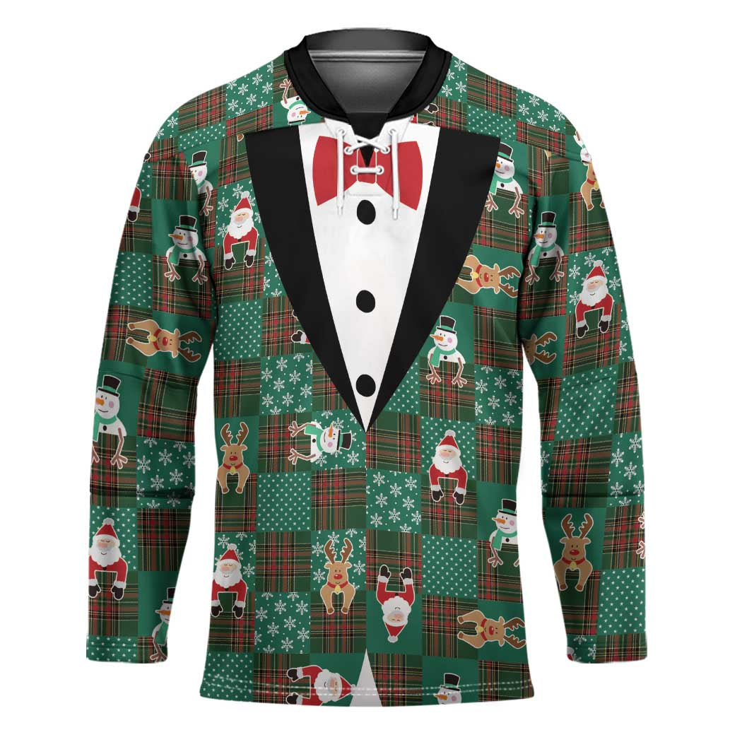 Christmas Patchwork Fake Tuxedo Hockey Jersey Santa and Reindeer Green Plaid Style - Wonder Print Shop