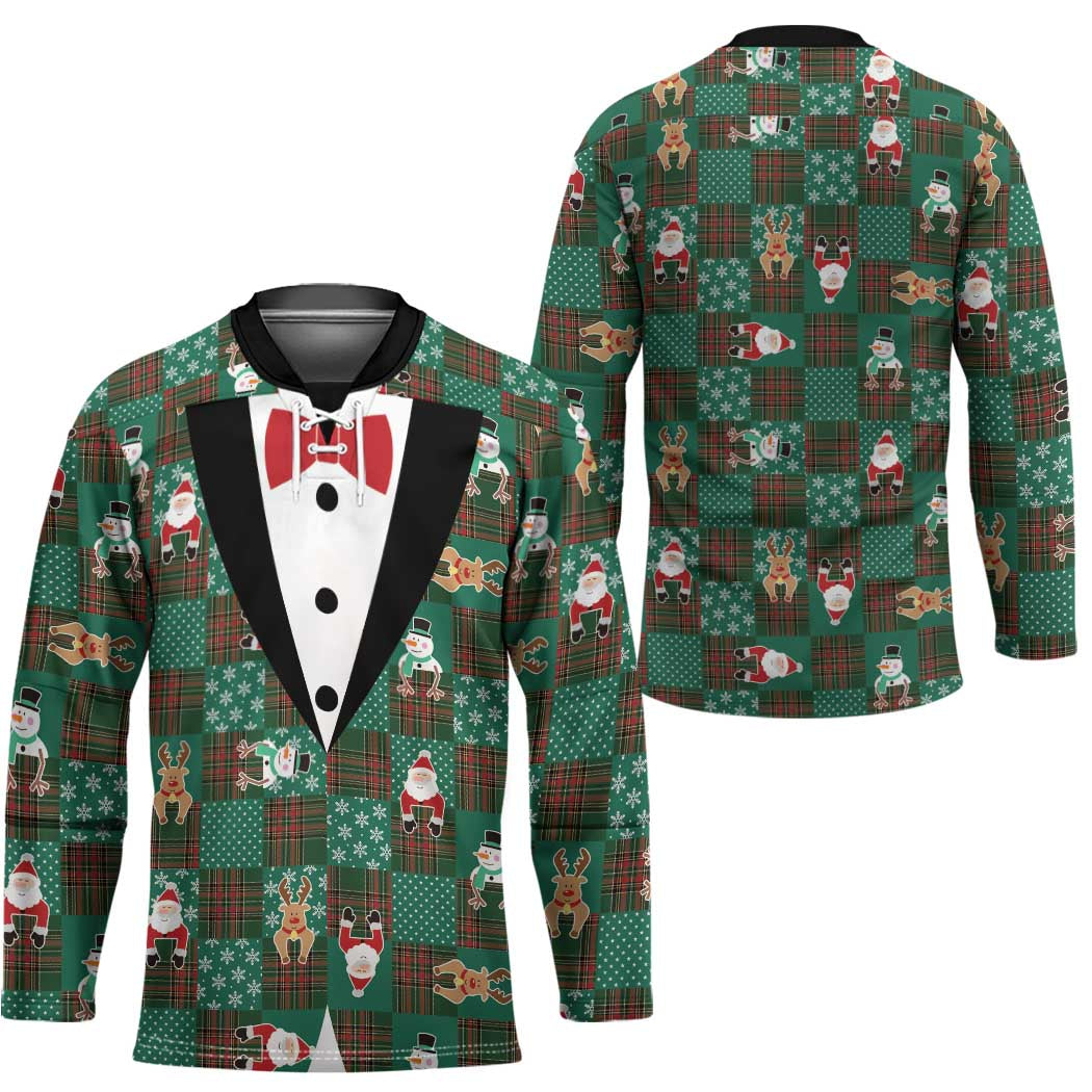 Christmas Patchwork Fake Tuxedo Hockey Jersey Santa and Reindeer Green Plaid Style - Wonder Print Shop