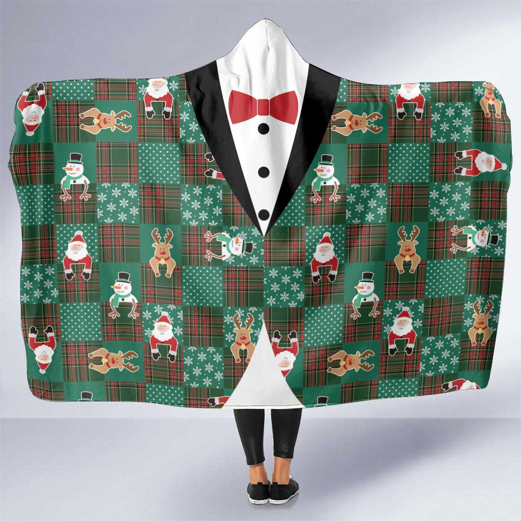 Christmas Patchwork Fake Tuxedo Hooded Blanket Santa and Reindeer Green Plaid Style - Wonder Print Shop