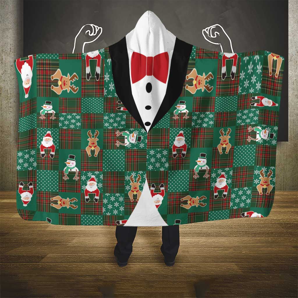 Christmas Patchwork Fake Tuxedo Hooded Blanket Santa and Reindeer Green Plaid Style - Wonder Print Shop