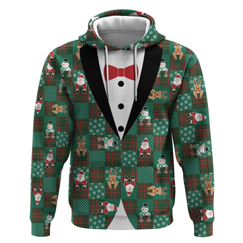 Christmas Patchwork Fake Tuxedo Hoodie Santa and Reindeer Green Plaid Style - Wonder Print Shop