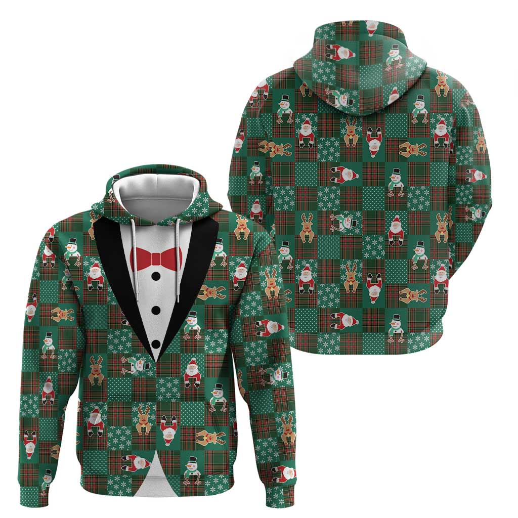 Christmas Patchwork Fake Tuxedo Hoodie Santa and Reindeer Green Plaid Style - Wonder Print Shop
