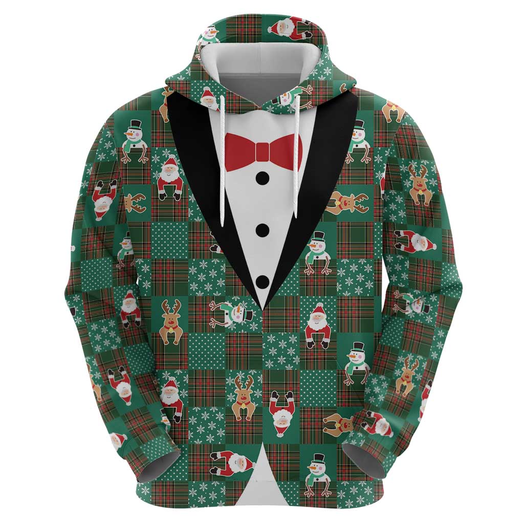 Christmas Patchwork Fake Tuxedo Hoodie Santa and Reindeer Green Plaid Style - Wonder Print Shop