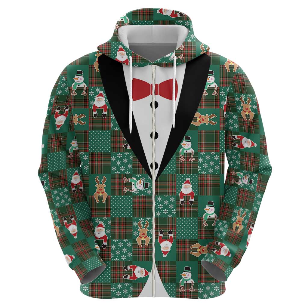 Christmas Patchwork Fake Tuxedo Hoodie Santa and Reindeer Green Plaid Style - Wonder Print Shop