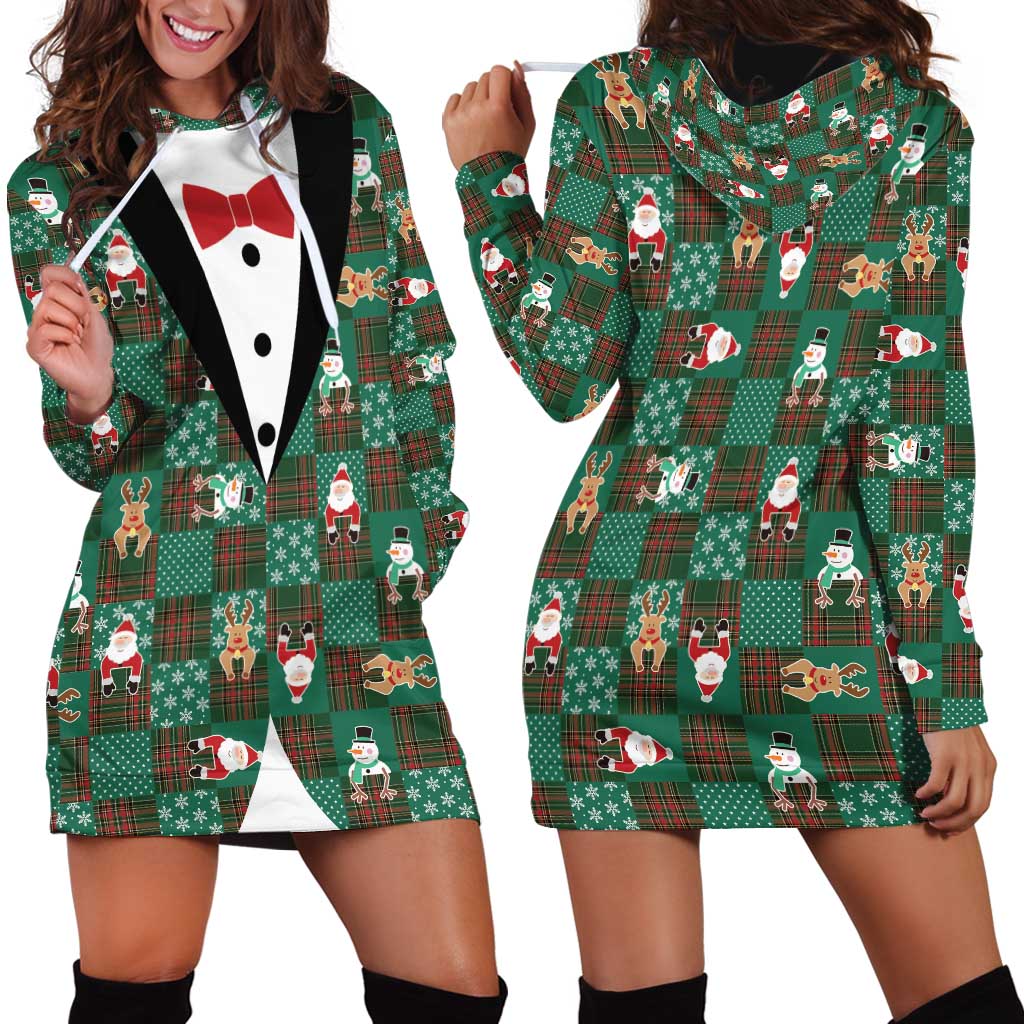 Christmas Patchwork Fake Tuxedo Hoodie Dress Santa and Reindeer Green Plaid Style - Wonder Print Shop