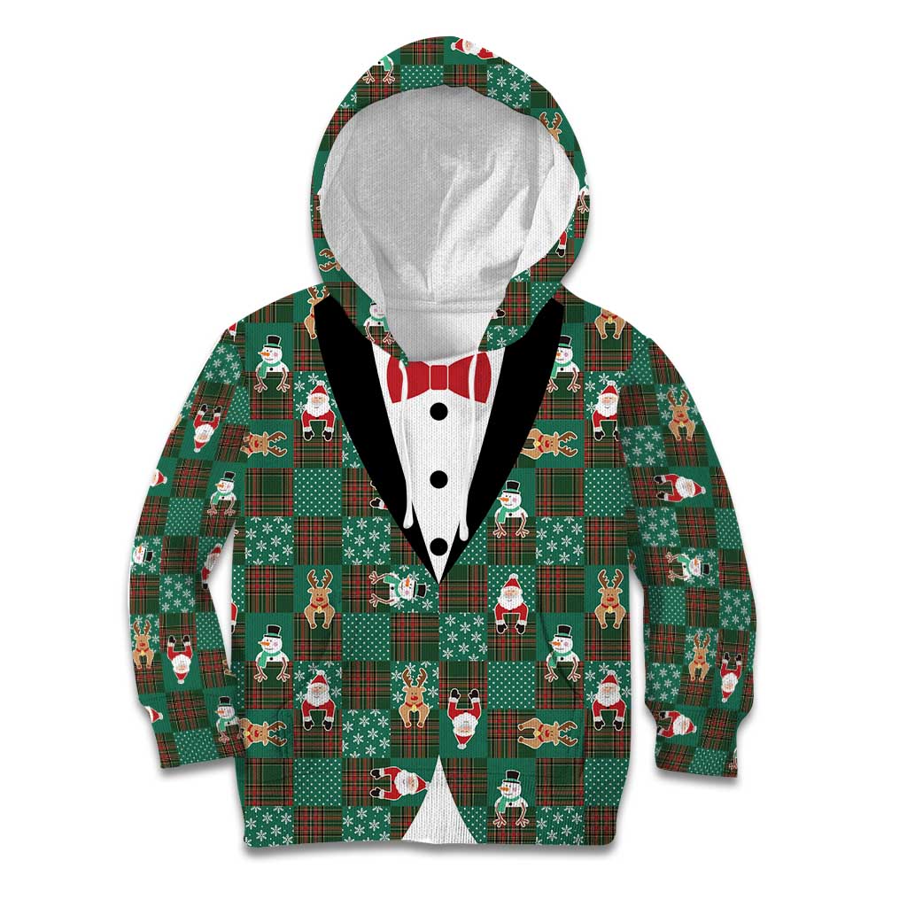Christmas Patchwork Fake Tuxedo Kid Hoodie Santa and Reindeer Green Plaid Style - Wonder Print Shop