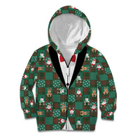Christmas Patchwork Fake Tuxedo Kid Hoodie Santa and Reindeer Green Plaid Style - Wonder Print Shop