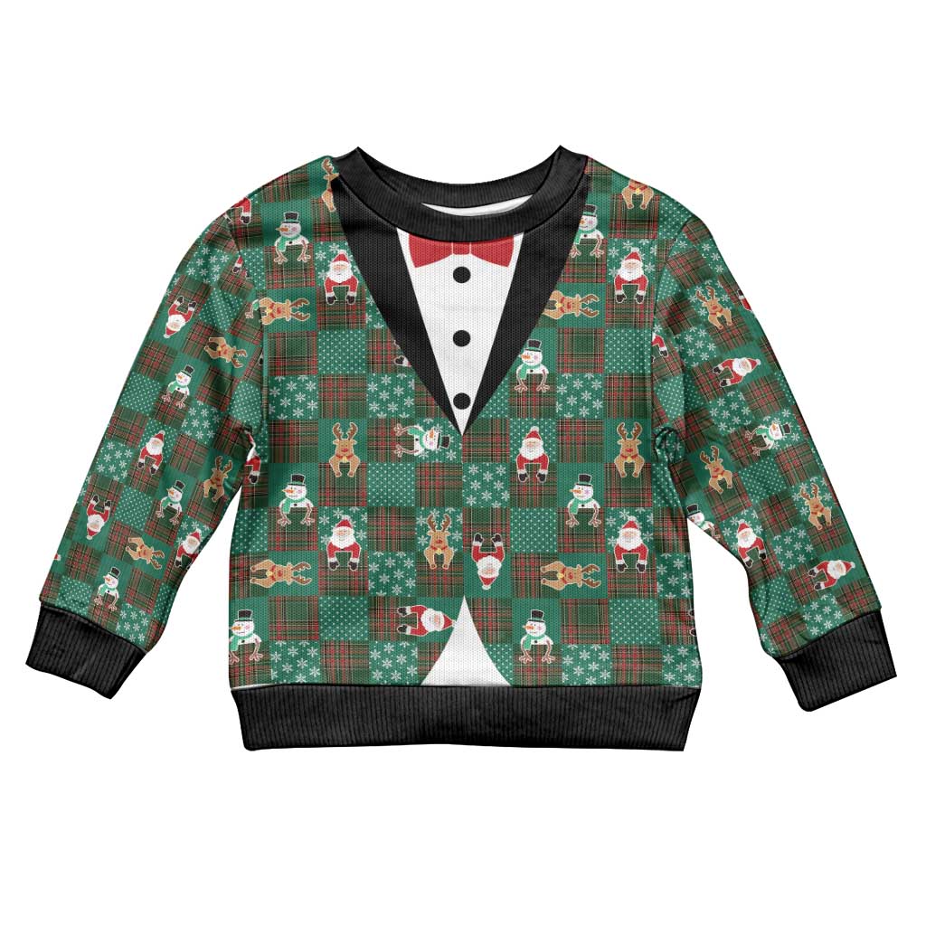 Christmas Patchwork Fake Tuxedo Kid Ugly Christmas Sweater Santa and Reindeer Green Plaid Style - Wonder Print Shop