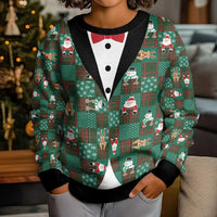 Christmas Patchwork Fake Tuxedo Kid Ugly Christmas Sweater Santa and Reindeer Green Plaid Style - Wonder Print Shop