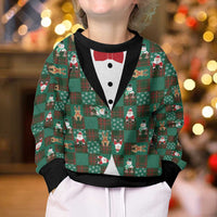 Christmas Patchwork Fake Tuxedo Kid Ugly Christmas Sweater Santa and Reindeer Green Plaid Style - Wonder Print Shop