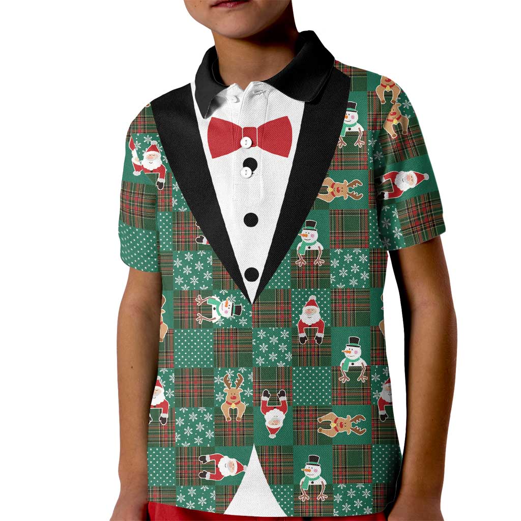 Christmas Patchwork Fake Tuxedo Kid Polo Shirt Santa and Reindeer Green Plaid Style - Wonder Print Shop