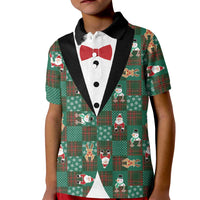Christmas Patchwork Fake Tuxedo Kid Polo Shirt Santa and Reindeer Green Plaid Style - Wonder Print Shop