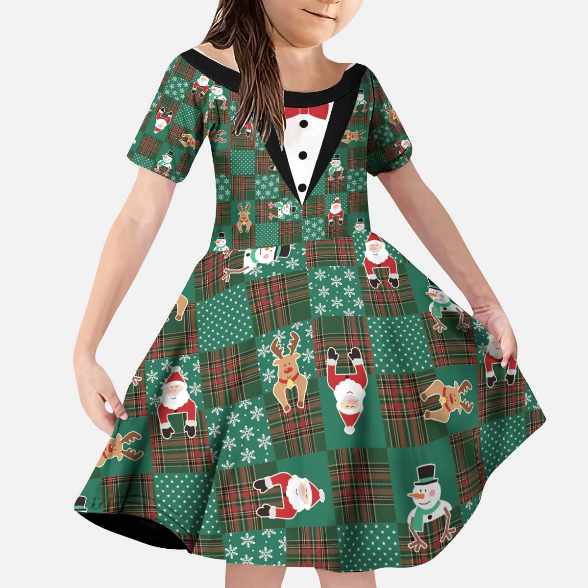 Christmas Patchwork Fake Tuxedo Kid Short Sleeve Dress Santa and Reindeer Green Plaid Style - Wonder Print Shop
