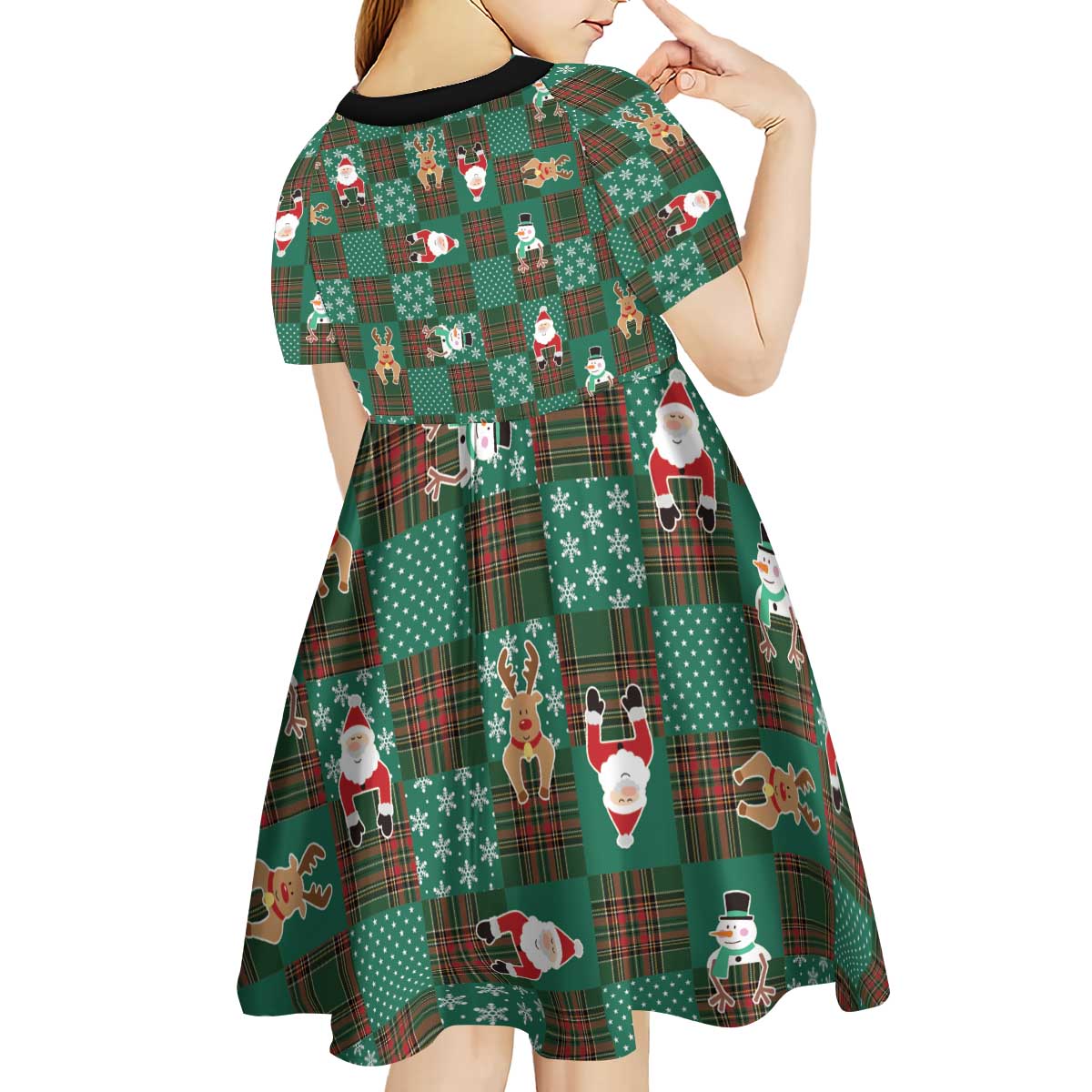 Christmas Patchwork Fake Tuxedo Kid Short Sleeve Dress Santa and Reindeer Green Plaid Style - Wonder Print Shop